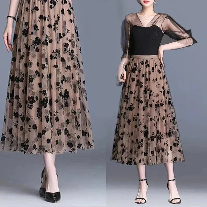 Korean Tulle  Floral Loose Midi Skirt