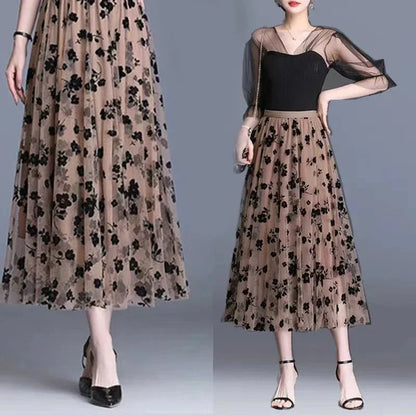 Korean Tulle  Floral Loose Midi Skirt