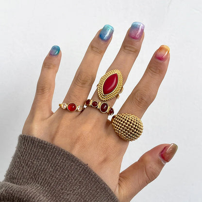 Ars Red Agate Stone Rings 18k Gold Plated Stainless Steel Ring