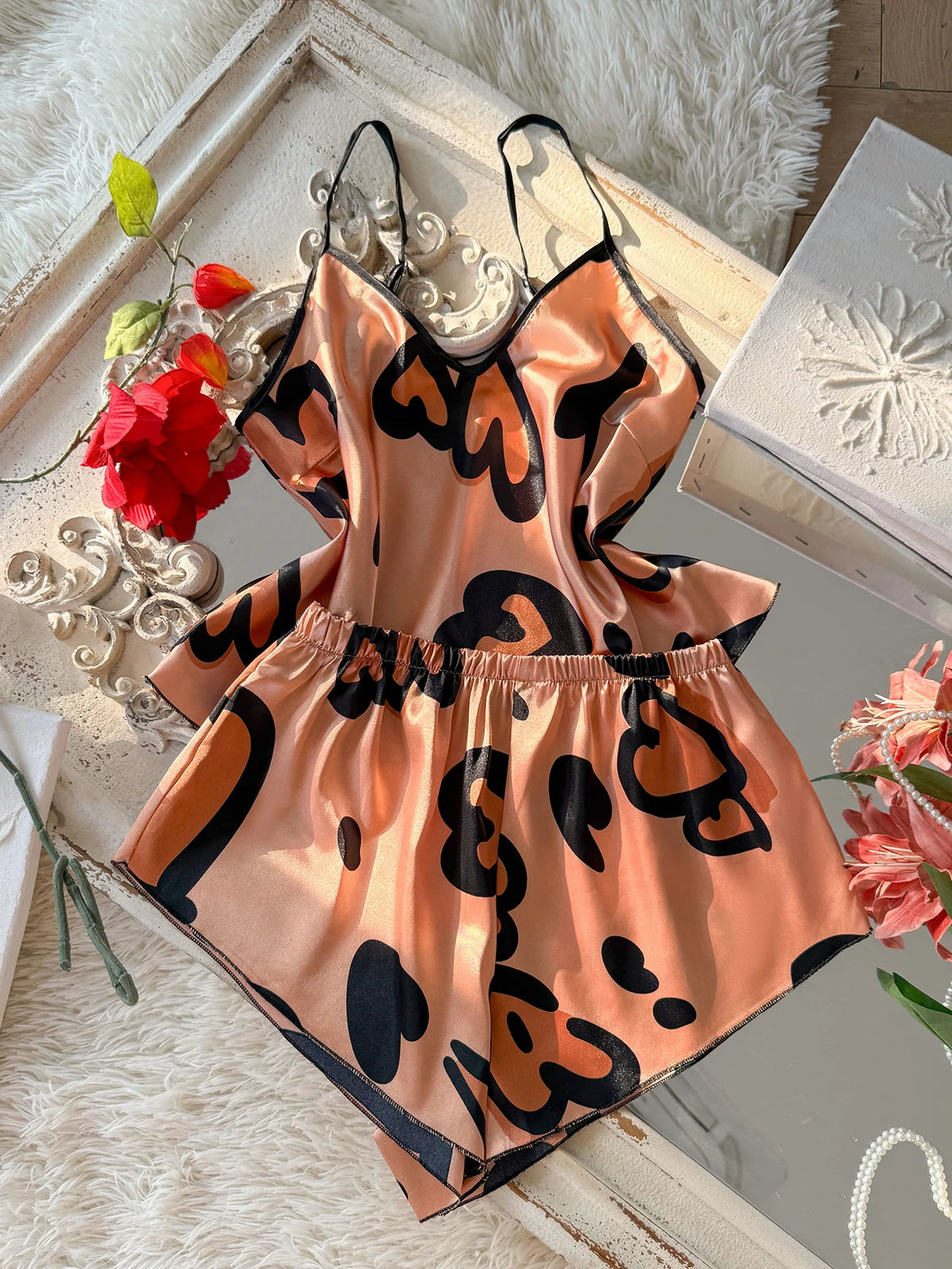 Heart Print Spaghetti Strap Sleepwear Bold Loungewear Pajama Sets