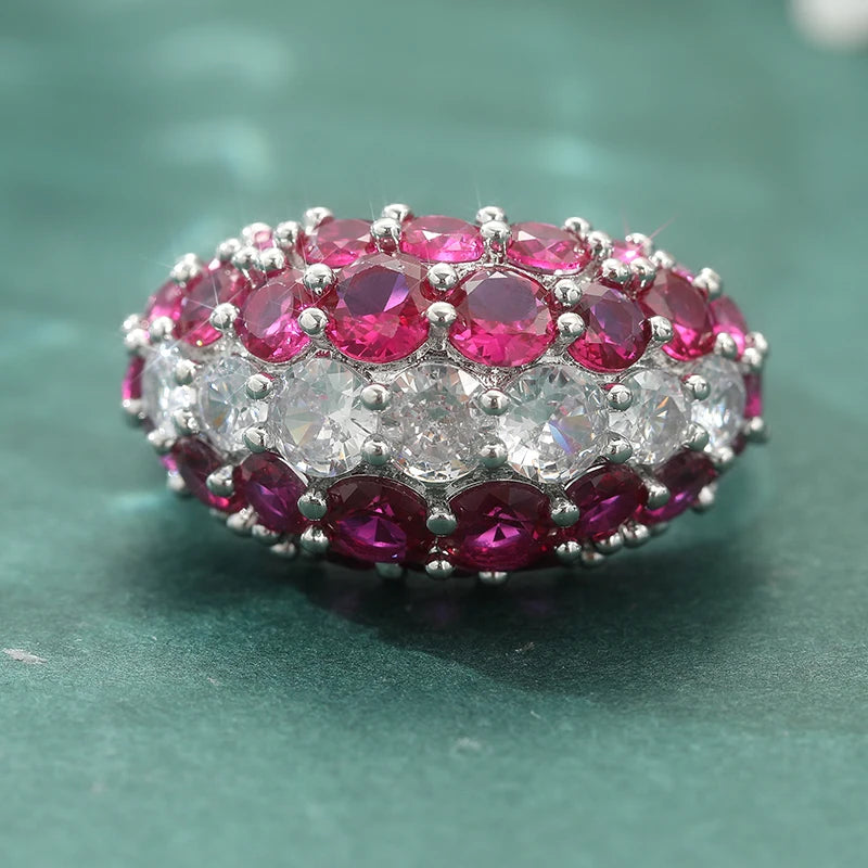 Luxury Inlaid White Red CZ Sparkling Silver Geometry Rings