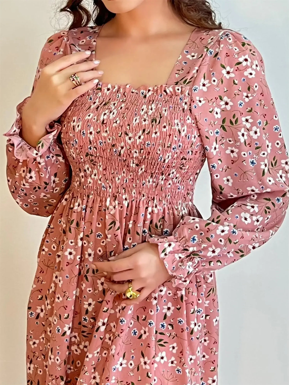 Long Sleeve Casual Chiffon Floral Elastic Chest Lace Up Midi Dress