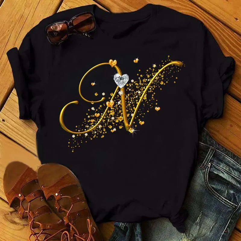 Custom Name Letter Diamond Gold Letter T-shirt