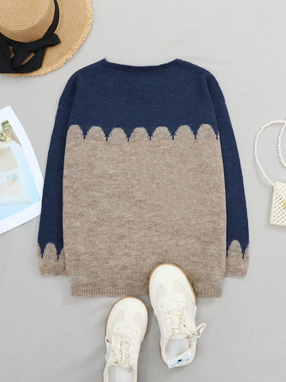 Deep Blue and Light Brown Wave Edge Design with Casual Retro Style Sweater