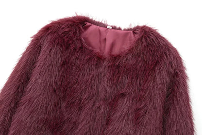 Faux fur Fall/Winter Effect Round Neck Long Sleeve Short Jacket