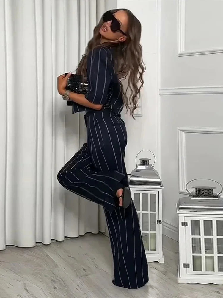 Daily Striped Short Sleeve Blazers Coat Chic Straight Long Pants Set