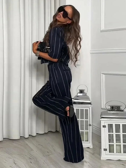 Daily Striped Short Sleeve Blazers Coat Chic Straight Long Pants Set