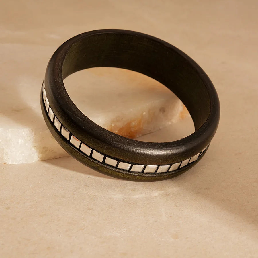 Natural Wooden Square Round Hip Hop  Rivet Beads Wide Bangles Bracelet