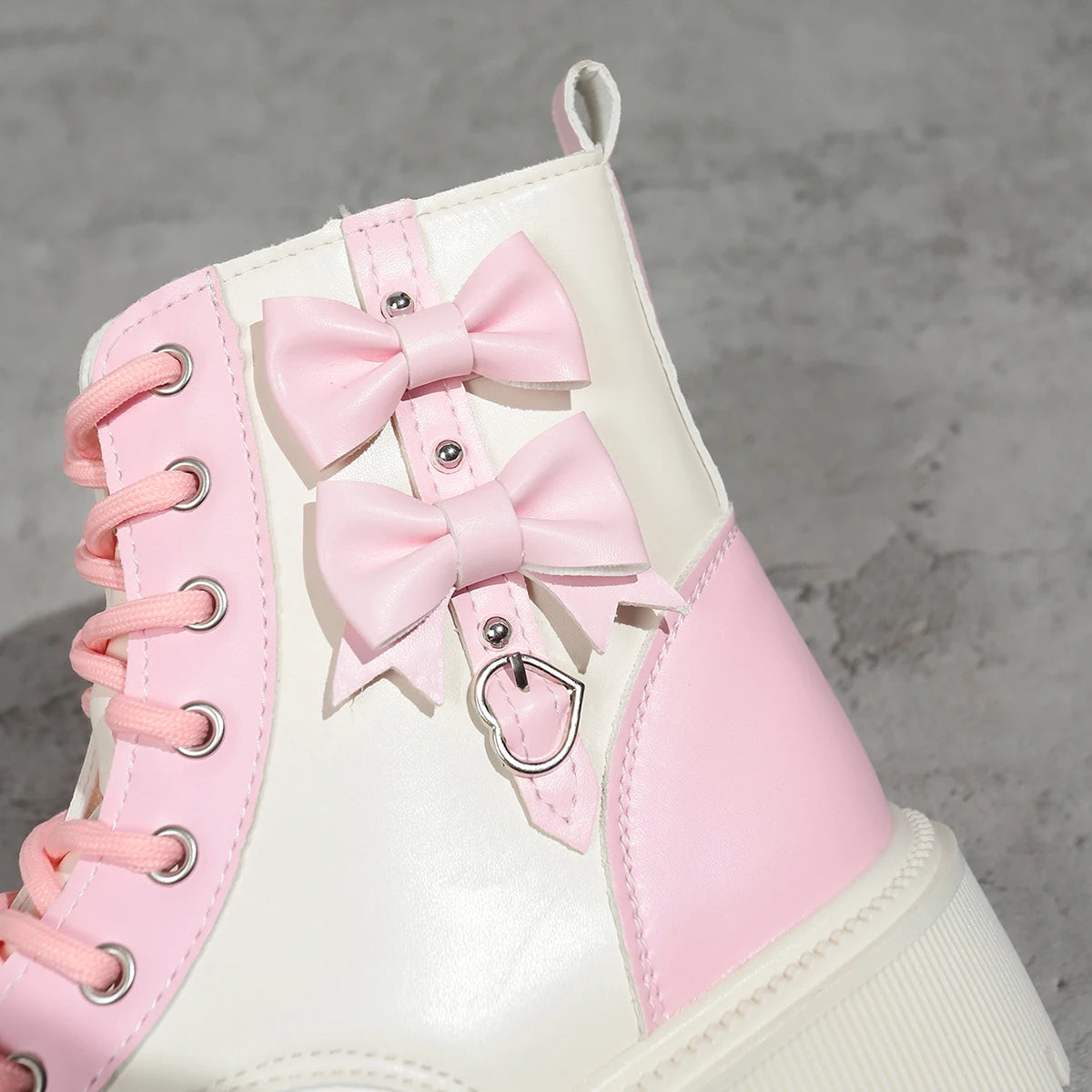 Sweet Pink Bowknot Mix Color Ankle Thick Bottom Lace Up Boots