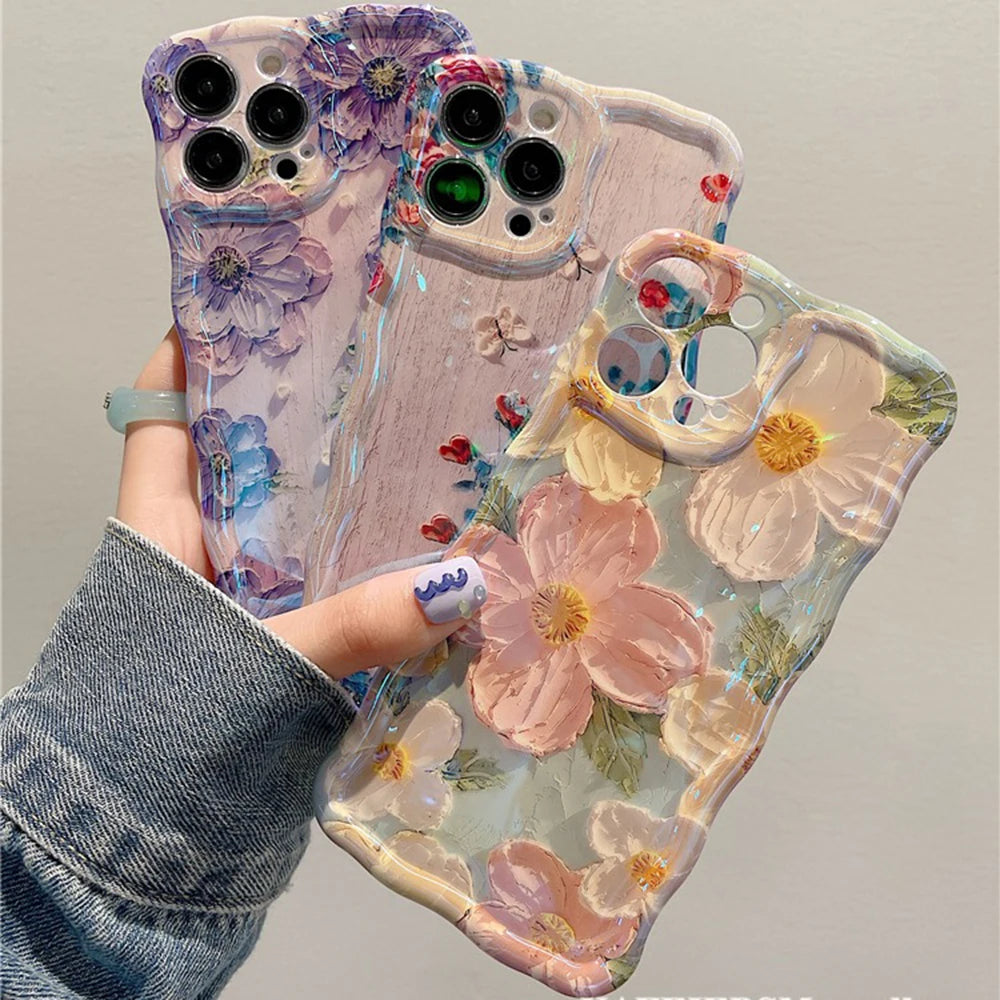 Retro Oil Painting Phone Case For iPhone ProMax Flower Print Silicone Cover