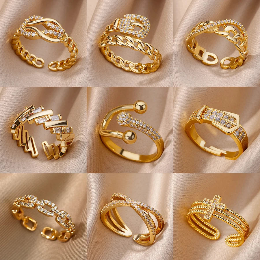 Chain Hollow Out Gold Stainless Steel Zircon Cross Ring