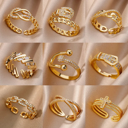 Chain Hollow Out Gold Stainless Steel Zircon Cross Ring