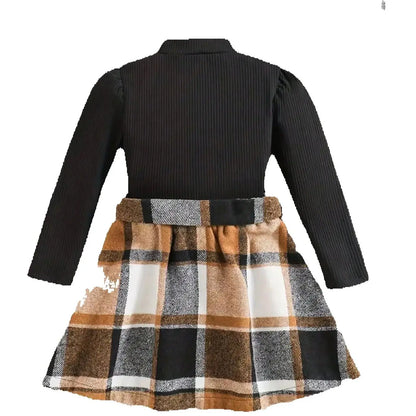 Imitation Long Sleeved Top Plaid Skirt Spring and Autumn Set