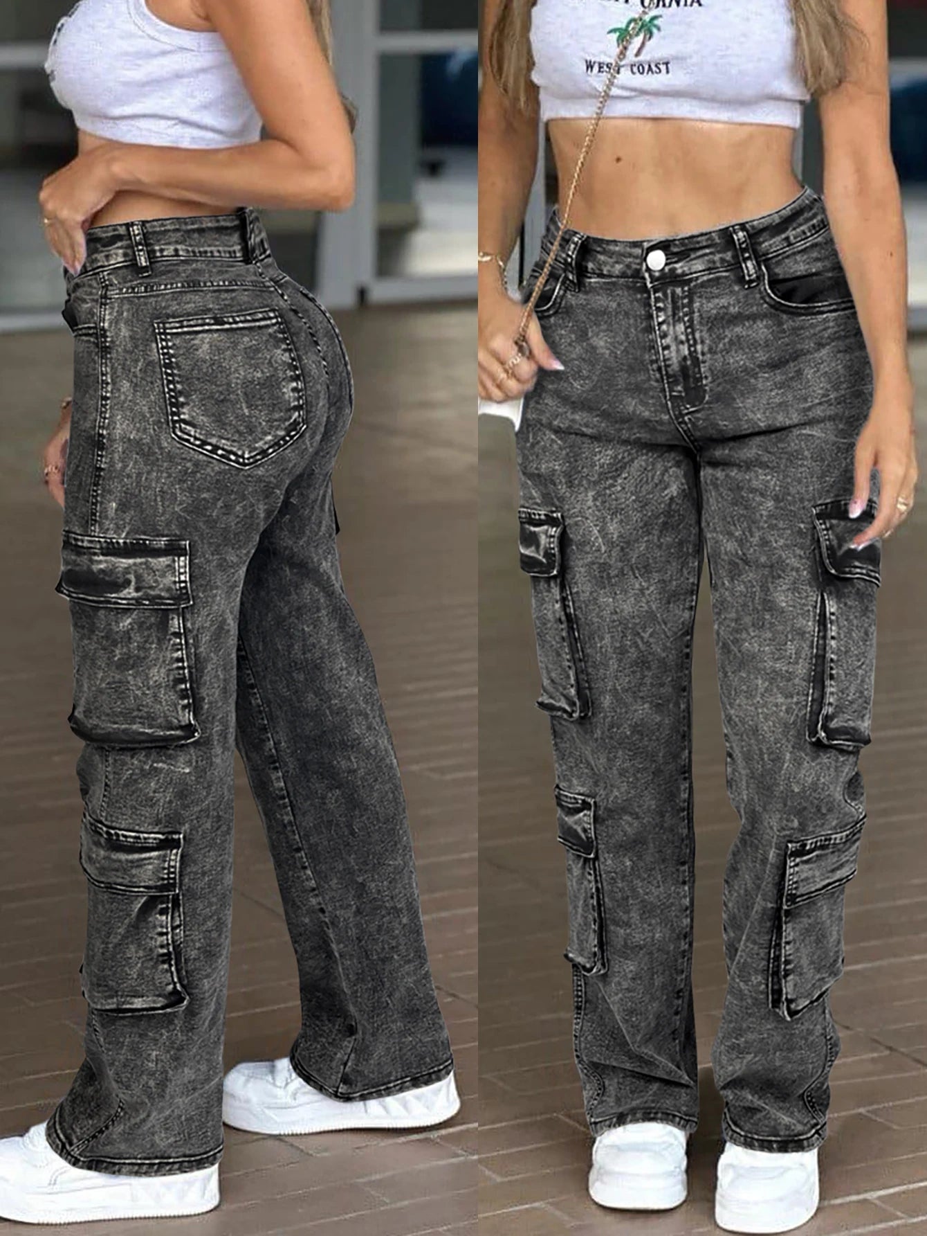 Multi-Flap Pocket Straight Leg Cargo Jeans
