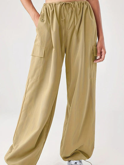 Cargo Wide Leg Elastic Drawstring Waist Pocketed Loose Fit Pants