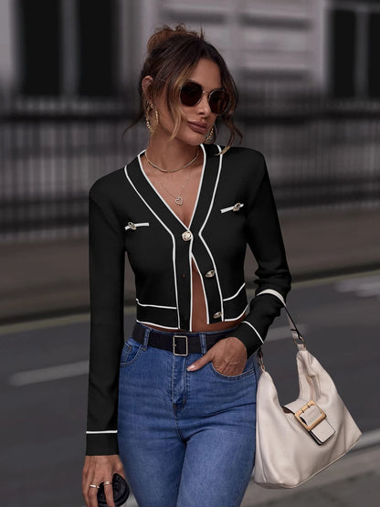 V Neck Button Front Striped  Sweater