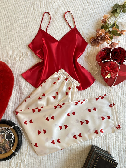V Neck Heart Printed long Pants Casual Sleepwear Set