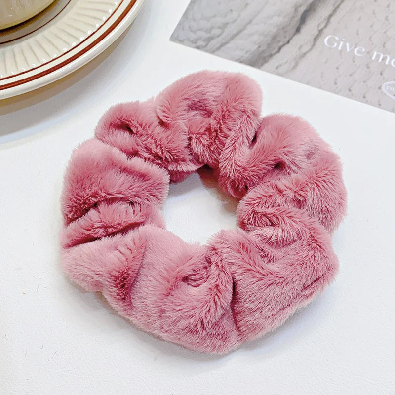 Solid Soft Plush Wide Hair Band Ponytail Holder Hair Tie Fluffy Rubber Band