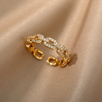 Chain Hollow Out Gold Stainless Steel Zircon Cross Ring