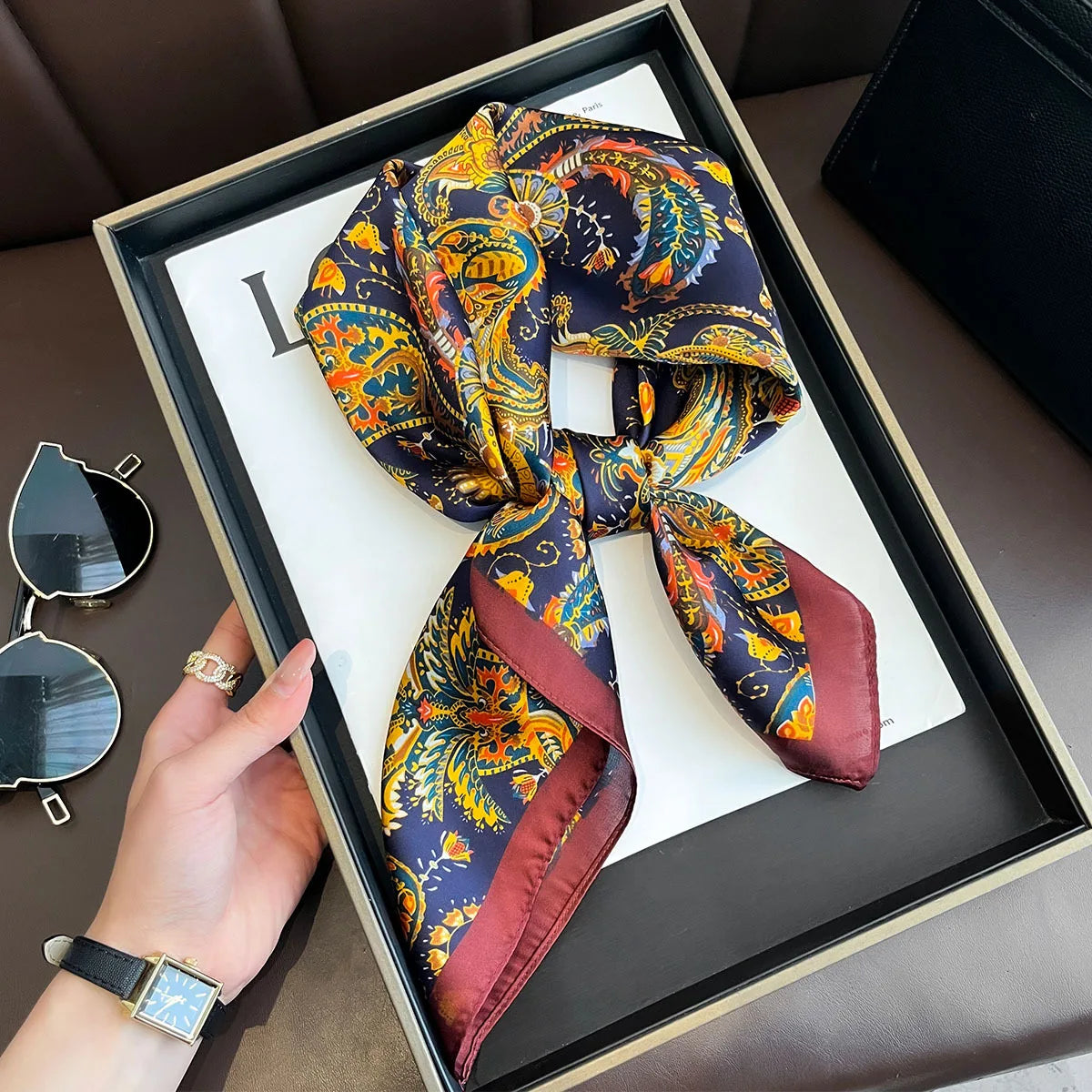 Luxury Silk Square Scarf Soft Satin Horse Hairband Hijab Headband Shawl