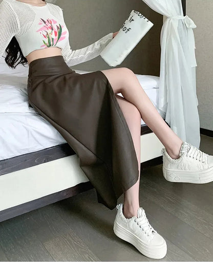 Autumn Winter Front Split PU Leather Long Skirts