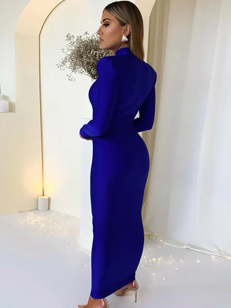 Shoulder Padded Long Sleeve Maxi Long Dress