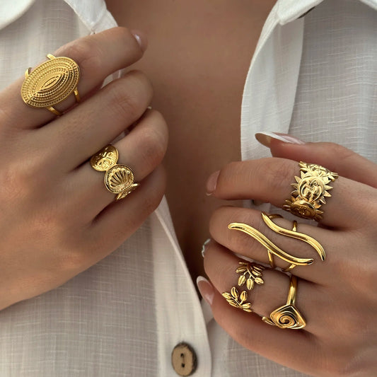 PVD Plated Stainless Steel Open Vintage Sun Leaf Shell Geometric Cuff Ring Set