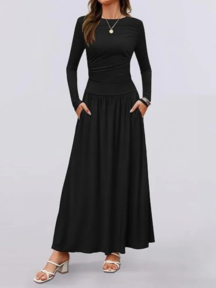 Long Sleeve Maxi Fit Ruched Casual Wear Dress