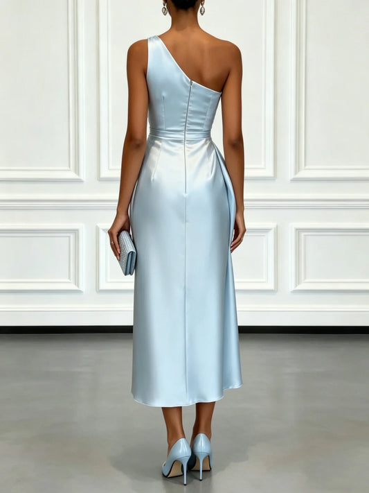 One Shoulder Satin Midi Dress With Ruched Waist Sleeveless