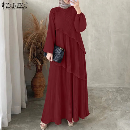 Modest Layered Plisse Patchwork Muslim Maxi Dress