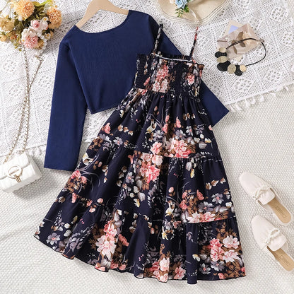 Kid Girl Long Sleeve Bow Sling Dress Set