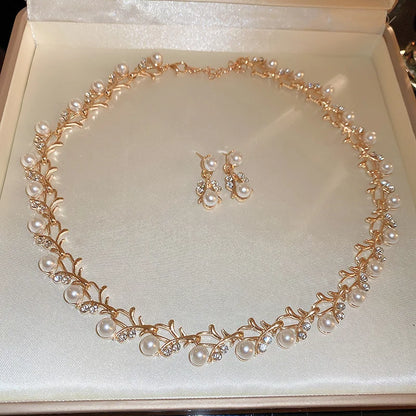 Rhinestone Pearl Rectangular Necklace Set