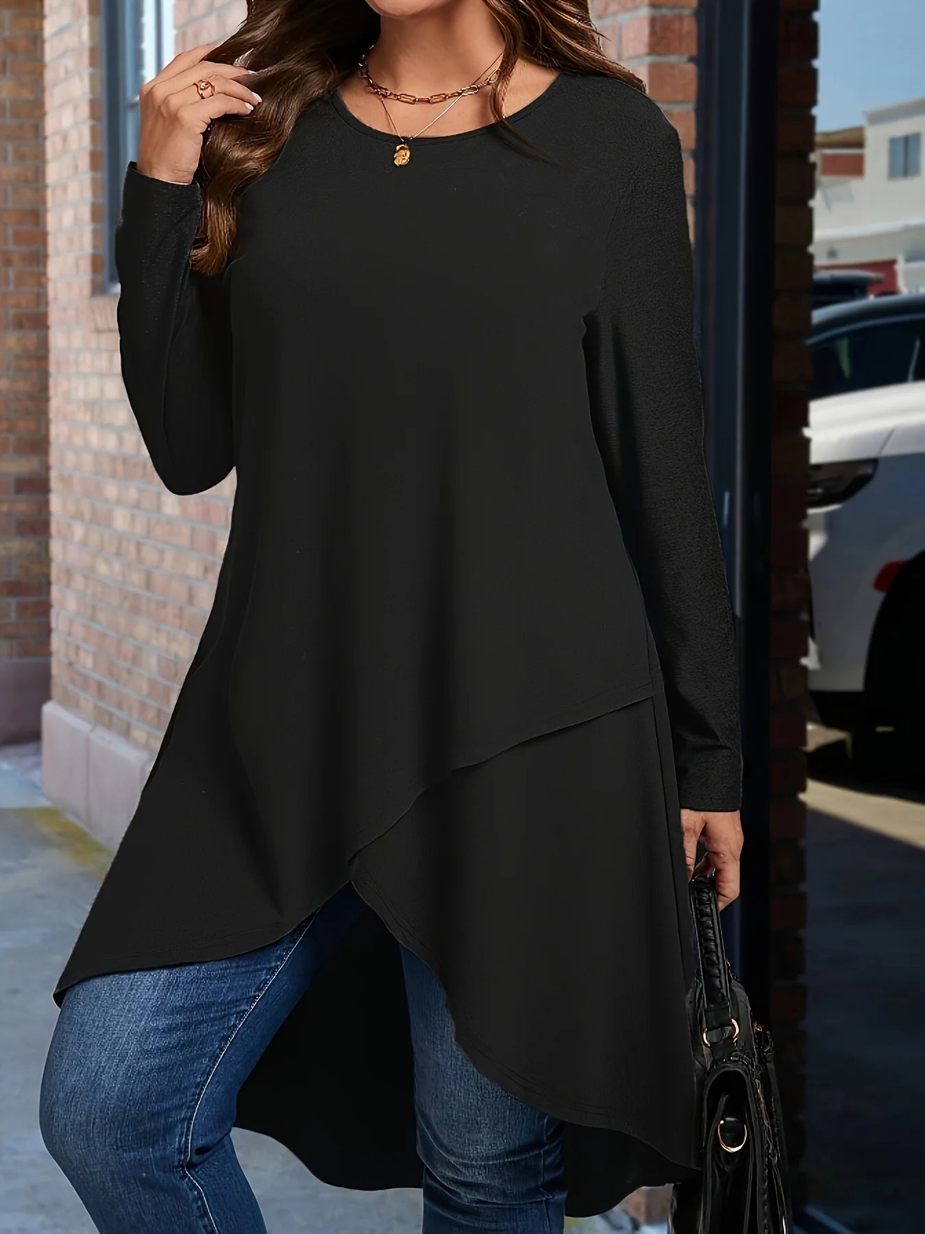 Plus Size Long Sleeve Elegant Crew Neck Asymmetrical Dipped T-shirt