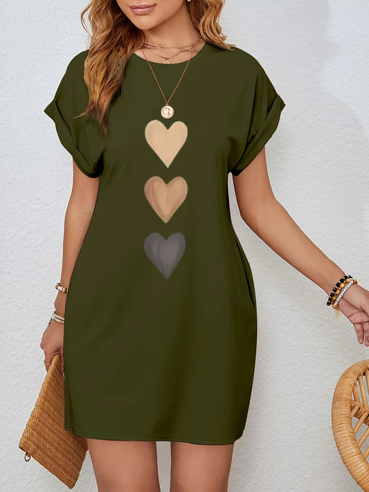 Casual Knit T-Shirt with Heart  Print Crew dress