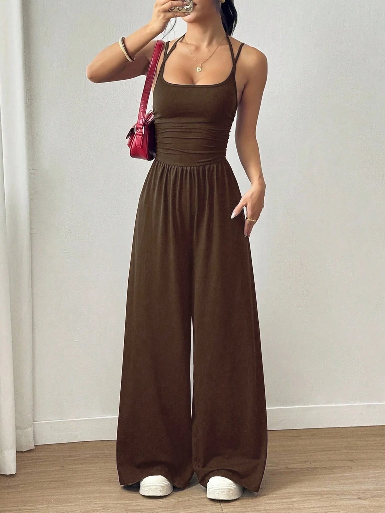 Halter Spaghetti Strap Casual Elastic High Waist Backless Wide Leg Jumpsuits