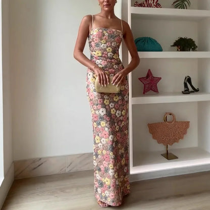 Flowers Sequin Patchwork Slim Long Dress