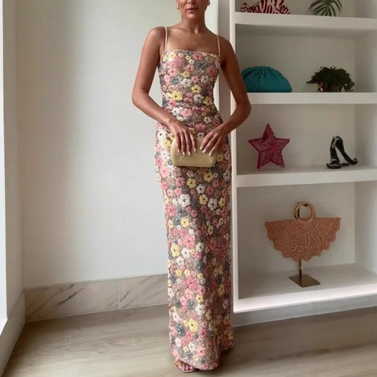 Flowers Sequin Patchwork Slim Long Dress