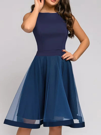 Sleeveless Elegant Cocktail Mesh Overlay Flare Dress