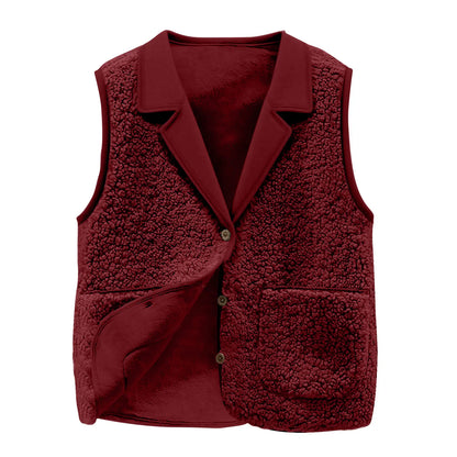 Sherpa Lapel Collar Button-Front Pockets Warm Sleeveless Jacket Coat Vest