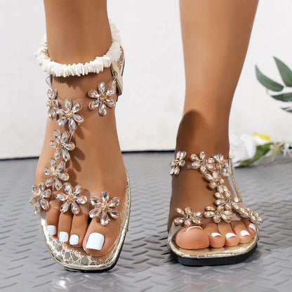 Square flower elastic casual flat sandals