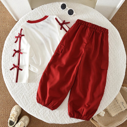Autumn Red Bow Decoration Letter Embroidery Long Sleeved Pants Set