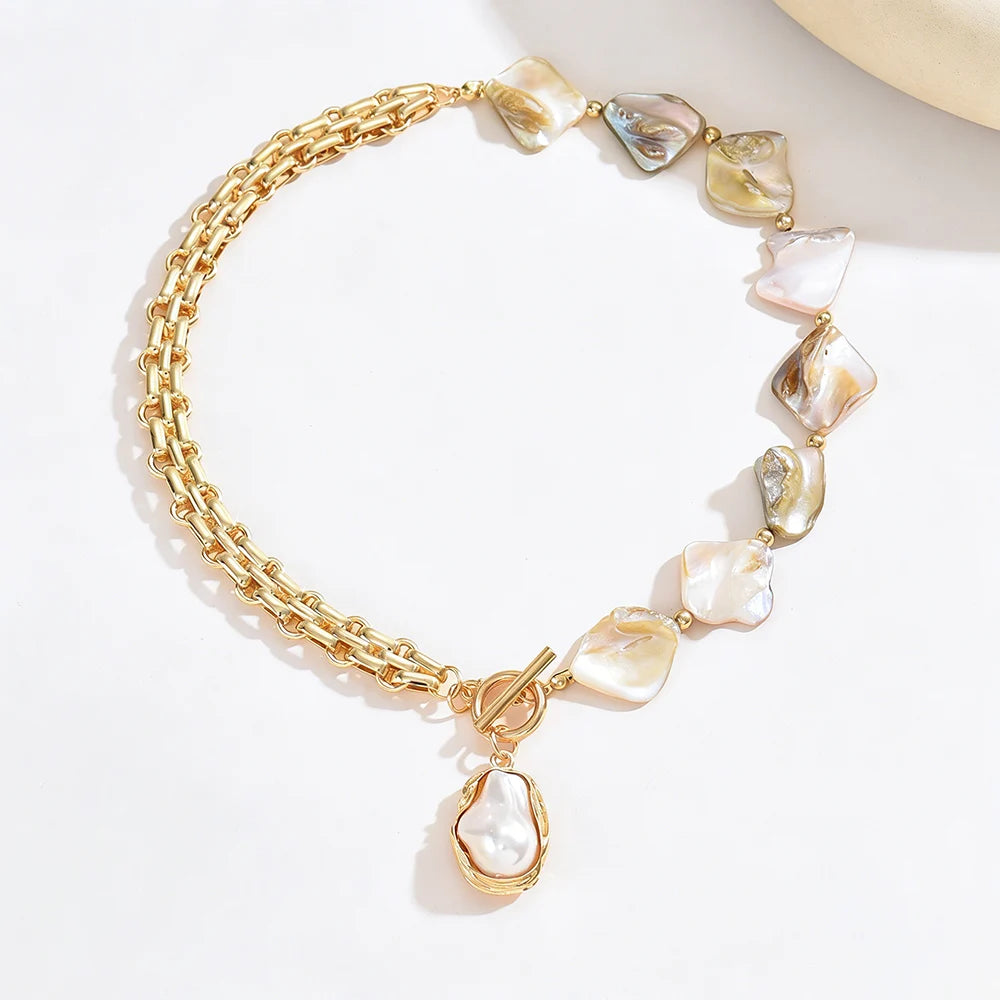 Boho Baroque Pearl Choker Asymmetric Cuban Link Chain Toggle Necklace