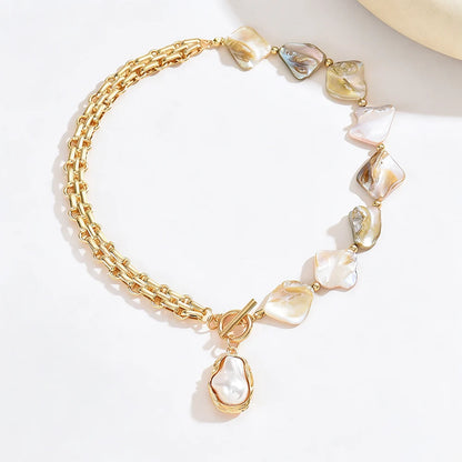 Boho Baroque Pearl Choker Asymmetric Cuban Link Chain Toggle Necklace