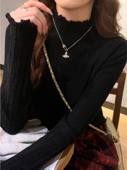 Knitted Sweater Long Sleeve Mock Neck White Knit Sweater Pullover