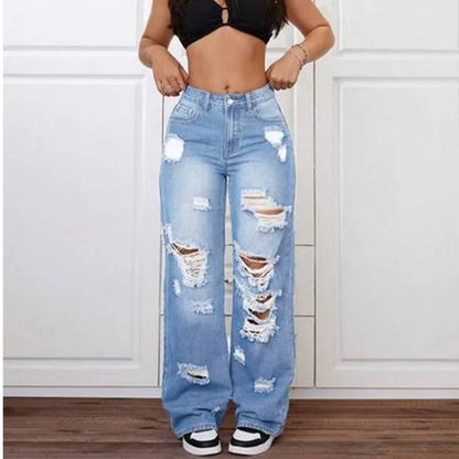 Light Blue Distressed Baggy Relaxed Fit Wide Leg Jeans Pants