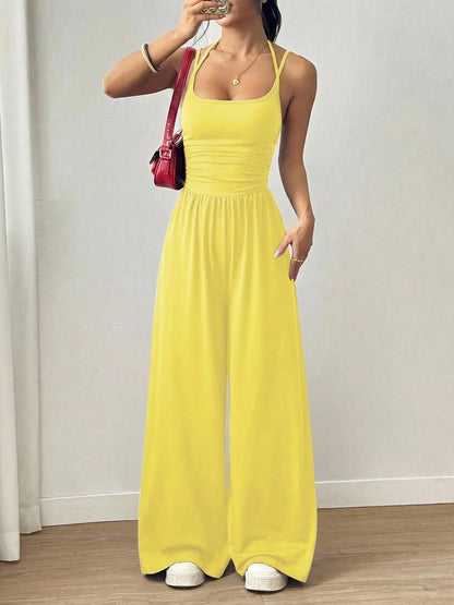 Halter Spaghetti Strap Casual Elastic High Waist Backless Wide Leg Jumpsuits