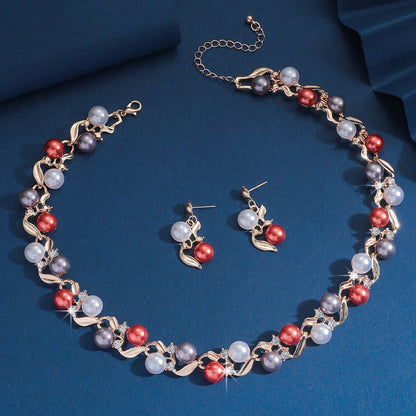 Retro Leaf shaped Multicolored Pearl Necklace Set