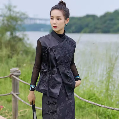 Chinese Style Outerwear Vest Flowers Embroidered Lacing Vests