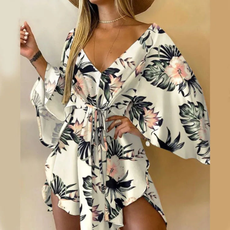 Bat Sleeve Ruffle Flowers Bohemian Mini Dress