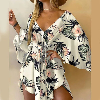 Bat Sleeve Ruffle Flowers Bohemian Mini Dress